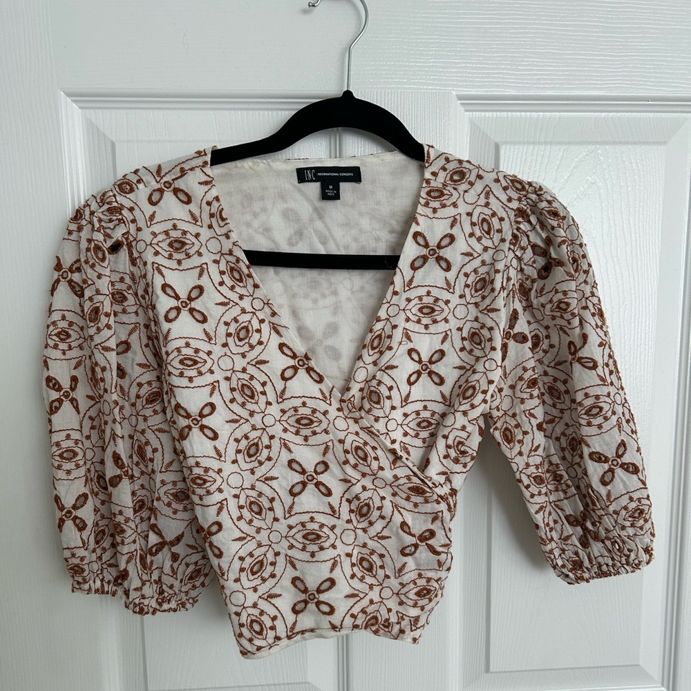 INC International Concepts Brown and White Embroidered Crop Top